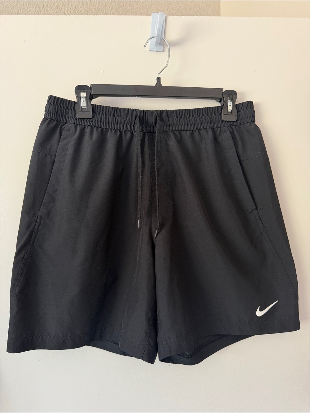 Nike Black Athletic Shorts with White Swoosh - 7” Medium
